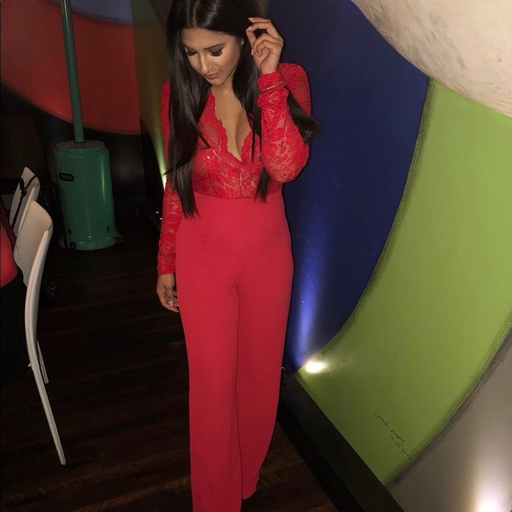 Red lace jumpsuit from PrettyLittleThing!